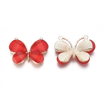 Light Gold Plated Alloy Glass Pendants, Butterfly, Red, 21.8x28x4.5mm, Hole: 1.5x10mm