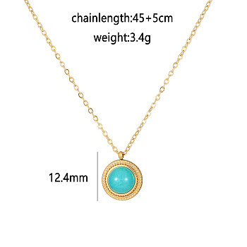 Synthetic Turquoise Flat Round Pendant Necklacas, Golden Tone Stainless Steel Cable Chain Pendant Necklaces for Women, 17.72 inch(45cm)