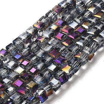 Electroplate Glass Beads Strands, Half Plated, Faceted Cube, Purple, 4x4x4mm, Hole: 1mm, about 100pcs/strand, 16.9 inch