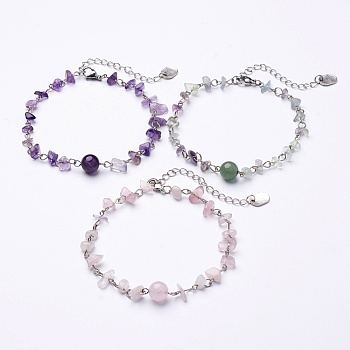 Natural Gemstone Chip Anklets, with Iron Eye Pin, Tibetan Style Pendants and Lobster Clasp, 9-1/2 inch(240mm)