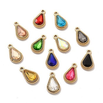 UV Plating Alloy Glass Pendants, Golden, Faceted Teardrop, Mixed Color, 20.5x12x5mm, Hole: 2mm