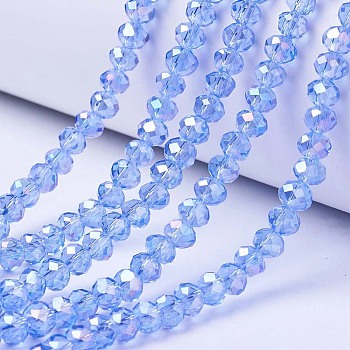 Electroplate Glass Beads Strands, AB Color Plated, Faceted, Rondelle, Light Sky Blue, 4x3mm, Hole: 0.4mm, about 123~127pcs/strand, 16.5~16.9 inch(42~43cm)