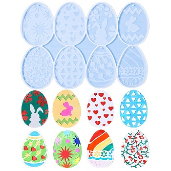 DIY Pendant Decoration Silicone Molds, Resin Casting Molds, Easter Egg with Heart/Rabbit/Flower, White, 146x214x5.5mm, Hole: 2mm, Inner Diameter: 71x51mm