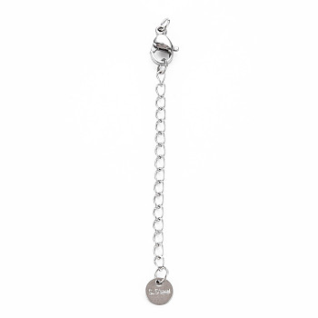 304 Stainless Steel Chain Extender, Cadmium Free & Nickel Free & Lead Free, with Clasps and Tiny Flat Round Charm, Stainless Steel Color, 50mm, Hole: 2.5mm