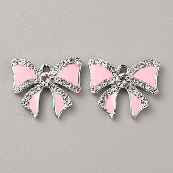 Alloy Enamel with Crystal Rhinestone Pendants, Platinum, Bowknot Charms, Pink, 17x19.5x3.5mm, Hole: 1.5~1.6mm