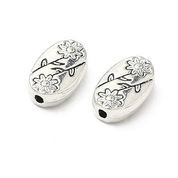 Oval with Flower Tibetan Style Alloy Beads, Cadmium Free & Lead Free, Antique Silver, 10x6x2.5mm, Hole: 1.5mm