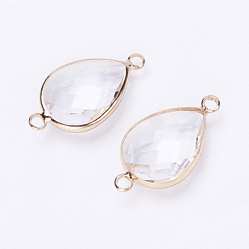 Glass Links connectors, with Brass Findings, Faceted, teardrop, Light Gold, Clear, 25.5x14x6mm, Hole: 2.5mm