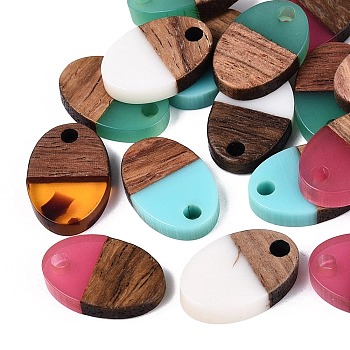 Transparent & Opaque Resin & Walnut Wood Pendants, Oval Charms, Mixed Color, 15~15.5x10~10.5x2.5~4mm, Hole: 2mm