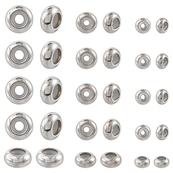 15Pcs 3 Style 304 Stainless Steel Beads, with Rubber Inside, Slider Beads, Rondelle, Stainless Steel Color, 6~10x3~5mm, Hole: 3~5mm, Rubber Hole: 2~3.5mm, 5pcs/style 