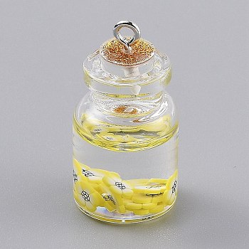 Transparent Glass Wishing Bottle Pendant Decorations, with Resin & Plastic Candy inside, Cork Stopper, Yellow, 29x15mm, Hole: 2mm