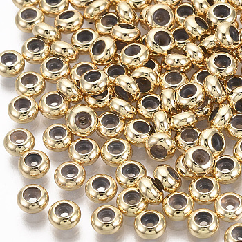 Brass Beads, with Rubber Inside, Slider Beads, Stopper Beads, Nickel Free, Rondelle, Real 18K Gold Plated, 5x2.5mm, Hole: 2mm, Rubber Hole: 1mm