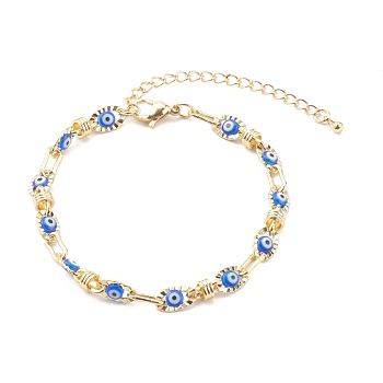 Golden Plated Brass Link Chains Bracelets, with Evil Eye Glass Beads, Dodger Blue, 7-1/8 inch(18cm)