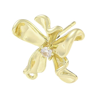 Brass Cubic Zirconia Ear Studs Findings, Flower Shape, Real 14K Gold Plated, 18x17.5mm, Hole: 1.2mm, Pin: 13mm