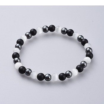 Cat Eye Stretch Bracelets, with Natural Black Agate(Dyed) Beads and Non-Magnetic Synthetic Hematite Beads, White, 2-1/4 inch(5.7cm)