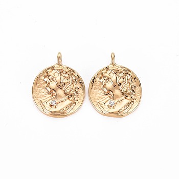 Brass Micro Pave Clear Cubic Zirconia Charms, Nickel Free, Flat Round, Real 18K Gold Plated, 15x12x2mm, Hole: 1.6mm