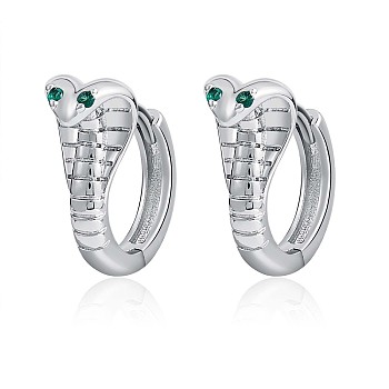 Cubic Zirconia Snake Hinged Hoop Earrings, Platinum Plated Brass Jewelry for Women, Green, 15.5x16x5.8mm, Pin: 1.2mm