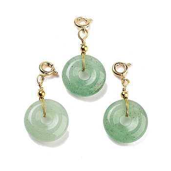 Natural Green Aventurine Donut Pendant Decorations, Brass Clasp Charms Ornaments, 33~34mm