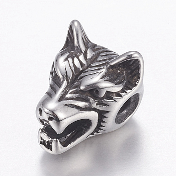304 Stainless Steel Beads, Wolf Head, Antique Silver, 14x11x11mm, Hole: 2mm