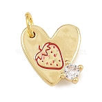 Brass Micro Pave Clear Cubic Zirconia Charms, with Red Enamel, Heart with Strawberry Charms, Golden, 12x11.5x3mm, Hole: 3mm(KK-CBA1731-04G-A)