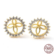 925 Sterling Silver with Cubic Zirconia Stud Earring Findings, with S925 Stamp, for Half Drilled Pearl Beads, Flower, Real 18K Gold Plated, 12mm, Pin: 0.7mm(STER-G036-06G)