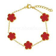 Acrylic Flower Link Chain Bracelet, Real 18K Gold Plated Stainless Steel Bracelet, Red, 6-3/4 inch(17cm)(XT3040-2)
