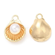 Brass with Glass Pearl Pendants, Shell Shape Charm, Real 18K Gold Plated, 15x11.5x6.6mm, Hole: 2mm(KK-K333-56G)