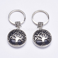 Synthetic Blue Goldstone Keychain, with Brass Finding, Flat Round with Tree of Life, 64mm(KEYC-G043-C03)