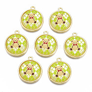 Resin Pendants, with Light Gold Plated Alloy, Cadmium Free & Nickel Free & Lead Free, Flat Round with Bear, Green Yellow, 18.5x16x5mm, Hole: 1.4mm(PALLOY-N161-003-NR)