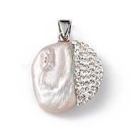 Natural Baroque Keshi Pearl Pendants, Freshwater Pearl Nuggets Charms, with Cubic Zirconia, Clear, 19~28.5x20.5~31x6.5~10mm, Hole: 8X4.5mm(ZIRC-K089-17W)