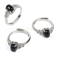 Oval Natural Black Agate Adjustable Rings, Platinum Tone Brass Ring for Women, Long-Lasting Plated, Lead Free & Cadmium Free, Inner Diameter: 17mm(RJEW-Q819-01P-09)