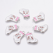 Alloy Enamel Pendants, Christmas Stockings Charms for Holiday Jewelry Making, Lead Free and Cadmium Free, Platinum Metal Color, White, 24~26x15~16x2mm, Hole: 2mm(ENAM-P030-3)