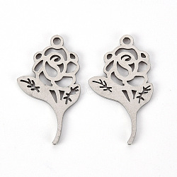 201 Stainless Steel Pendants, Laser Cut, Rose, for Valentine's Day, Stainless Steel Color, 22.5x12.5x1mm, Hole: 1.5mm(STAS-Q239-009)