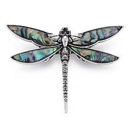 Abalone Shell/Paua Shell Brooches/Pendants, with Resin Bottom and Alloy Findings, Dragonfly, Antique Silver, 47.5x64x9.5mm, hole: 6x4.5mm, Pin: 0.7mm(RESI-S376-17)