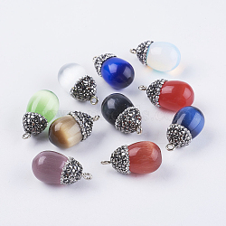 Cat Eye Pendants, with Polymer Clay Rhinestone Beads and Brass Finding, teardrop, Platinum, Mixed Color, 23.5~25x12.5~13mm, Hole: 2mm(G-E450-A)