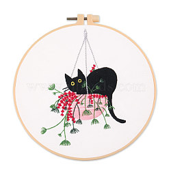 Cat & Plant Pattern DIY Embroidery Kits, Including Printed Cotton Fabric, Embroidery Thread & Needles, Imitation Bamboo Embroidery Hoop, Pink, Hoop: 220x200mm(DARK-PW0001-155B)