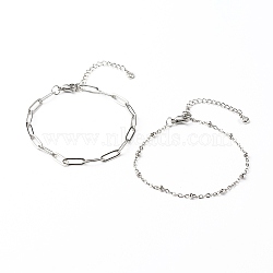 304 Stainless Steel Paperclip & Satellite Chains Bracelet Set, Stainless Steel Color, 7-1/2 inch(19cm), 2pcs/set(X-BJEW-JB06524)