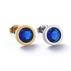 304 Stainless Steel Stud Earrings, with Cubic Zirconia and Ear Nuts, Blue, 9.5mm, Pin: 0.6mm, 6pairs/card(STAS-D0001-04B)