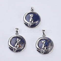 Natural Sodalite Kitten Pendants, with Brass Findings, Flat Round with Cat & Crescent Moon Shape, Platinum, 32x27.5x10mm, Hole: 5x7mm(G-K234-D14)