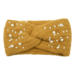 Acrylic Fiber Knitted Yarn Warmer Headbands, with Plastic Imitation Pearl, Soft Stretch Thick Cable Knit Head Wrap for Women, Goldenrod, 210x110mm(COHT-PW0002-21H)