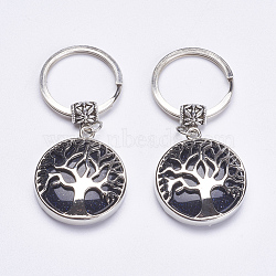Synthetic Blue Goldstone Keychain, with Brass Finding, Flat Round with Tree of Life, 64mm(KEYC-G043-C03)