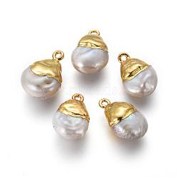 Natural Cultured Freshwater Pearl Pendants, with Brass Findings, teardrop, Golden, 19~25x12~15x6~9mm, Hole: 1.8mm(PEAR-F011-65G)