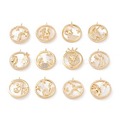Real 18K Gold Plated Brass Micro Pave Clear Cubic Zirconia Pendants, with Shell, Long-Lasting Plated, Flat Round with Constellation, 12 Constellations, 21x18x3mm, Hole: 1.8mm(ZIRC-Z007-22)
