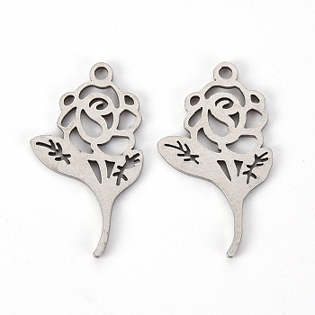 201 Stainless Steel Pendants, Laser Cut, Rose, for Valentine's Day, Stainless Steel Color, 22.5x12.5x1mm, Hole: 1.5mm