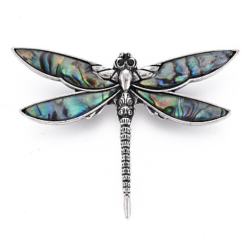 Abalone Shell/Paua Shell Brooches/Pendants, with Resin Bottom and Alloy Findings, Dragonfly, Antique Silver, 47.5x64x9.5mm, hole: 6x4.5mm, Pin: 0.7mm