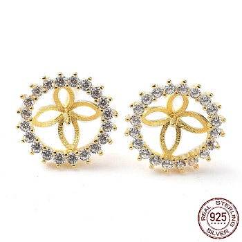 925 Sterling Silver with Cubic Zirconia Stud Earring Findings, with S925 Stamp, for Half Drilled Pearl Beads, Flower, Real 18K Gold Plated, 12mm, Pin: 0.7mm