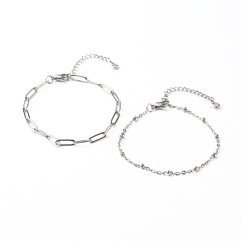 304 Stainless Steel Paperclip & Satellite Chains Bracelet Set, Stainless Steel Color, 7-1/2 inch(19cm), 2pcs/set
