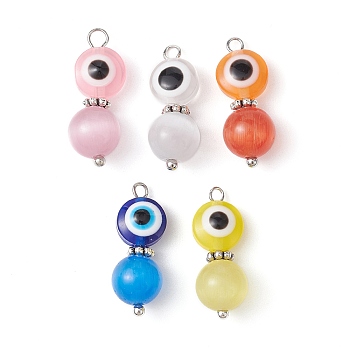 Evil Eye Resin Pendants, Lucky Eye Charms with Cat Eye Round Beads and Antique Silver Tone Alloy Beads, Mixed Color, 24x10x6mm, Hole: 2.2mm