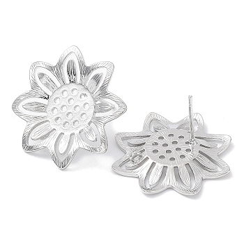 Brass Stud Earring Finding, with Vertical Loops, Sunflower, Real Platinum Plated, 25x25mm, Hole: 1.2mm, Pin: 0.7mm