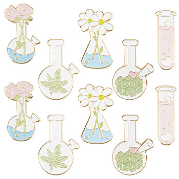 10Pcs 5 Style Chemistry Bottle with Flower Enamel Pins, Golden Alloy Badges for Backpack Clothes, Mixed Color, 27~29.5x10~20mm, 2Pcs/style