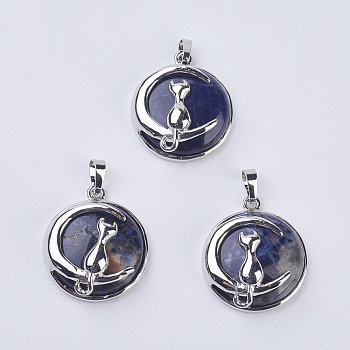 Natural Sodalite Kitten Pendants, with Brass Findings, Flat Round with Cat & Crescent Moon Shape, Platinum, 32x27.5x10mm, Hole: 5x7mm